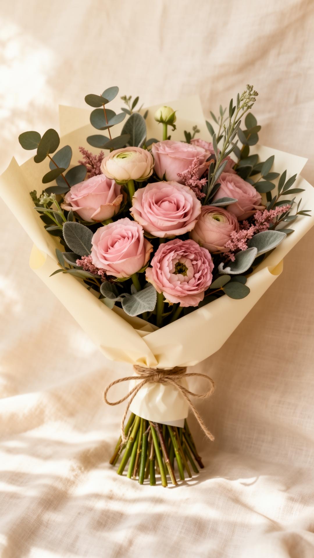 Bouquet artisanal de roses pâles et eucalyptus, préparé par Stéphane Pastor, fleuriste à Lyon 2