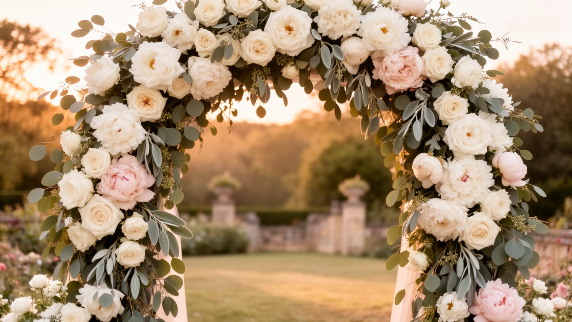 Arche florale de mariage en roses blanches, pivoines et eucalyptus